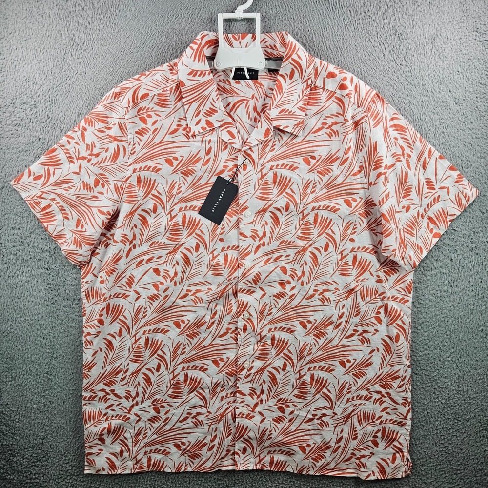 $89 NEW Perry Ellis‎ Summer Shirt Men 2X Linen Leaf Short Sleeve Orange White